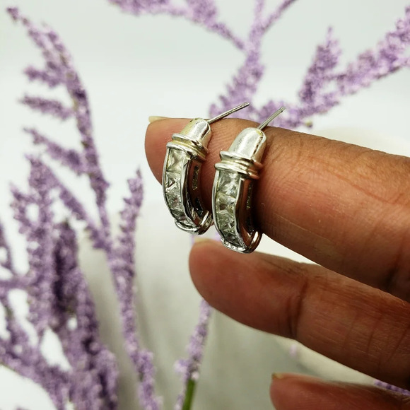 Vintage Crescent Earrings | Silver tone w/ Baguettes - Picture 4 of 4